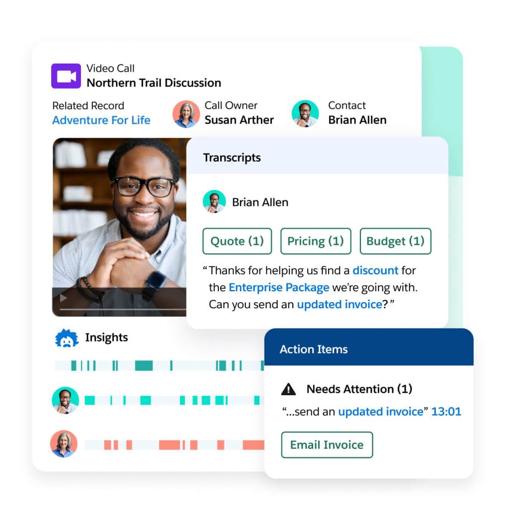 A window shows a video call recording with a talk track highlighted with insights, a transcript selection, and action items.