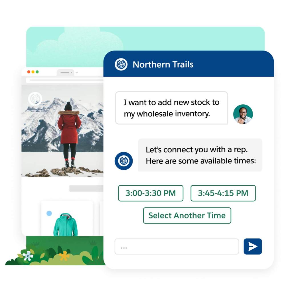 A chatbot window shows a customer message asking about adding stock, the chatbot gives available times to talk to a rep.