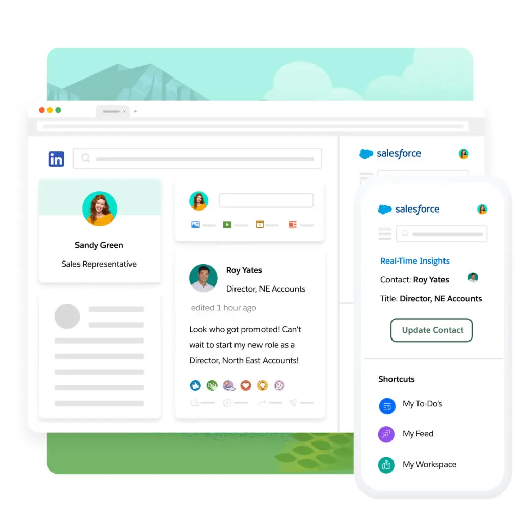A Salesforce extension shows an email asking to adjust licenses, quick links to workspaces, and a pop out to adjust licenses.