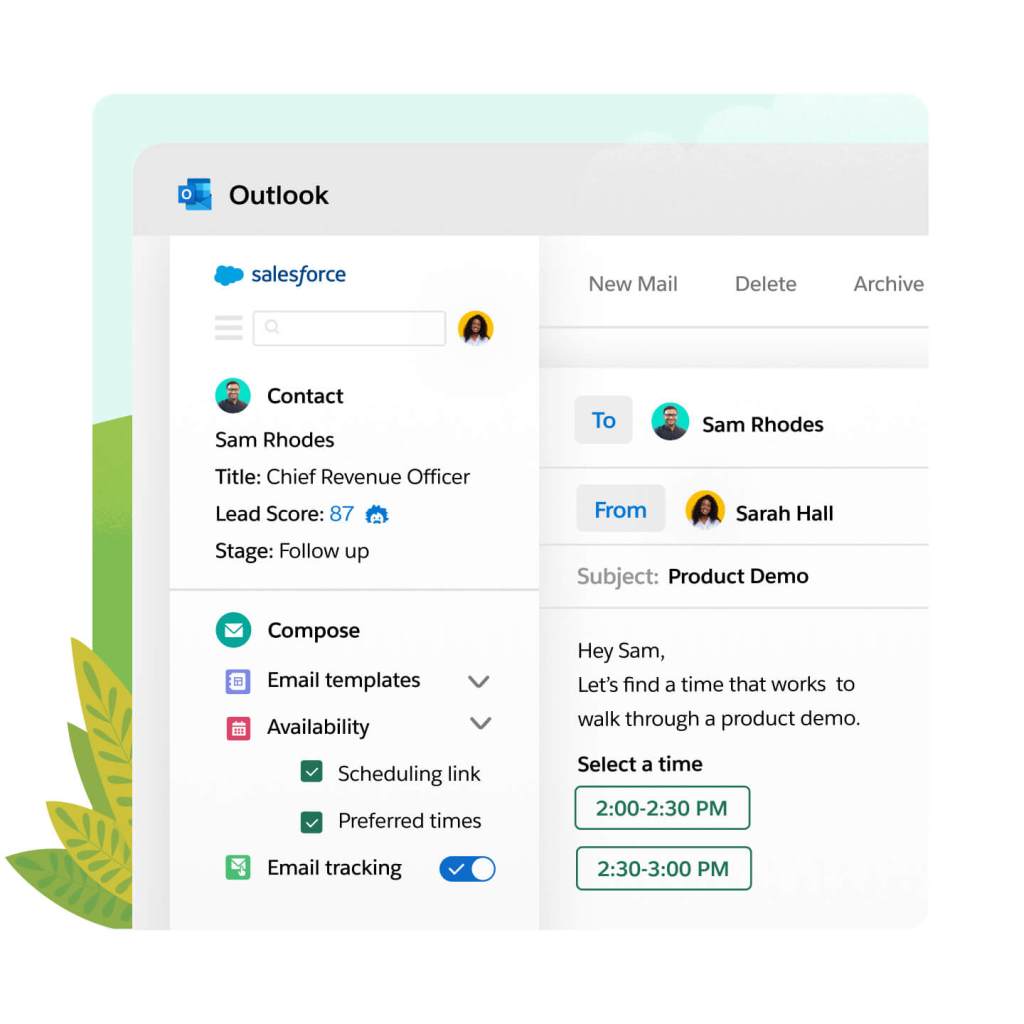 An Outlook window shows an email to a lead with meeting time options and a Salesforce extension with contact details.