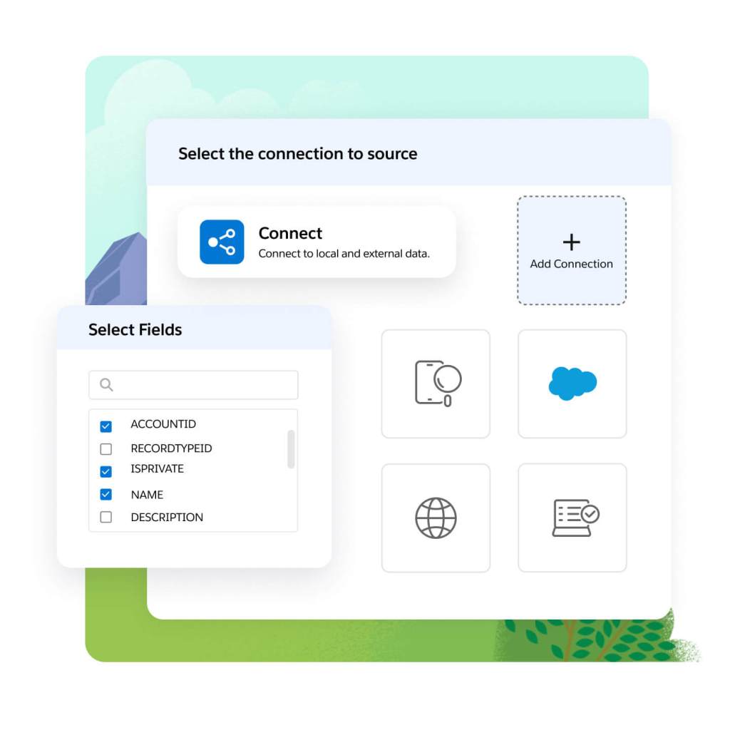 A window shows options to connect to a data source with fields to narrow selection. 