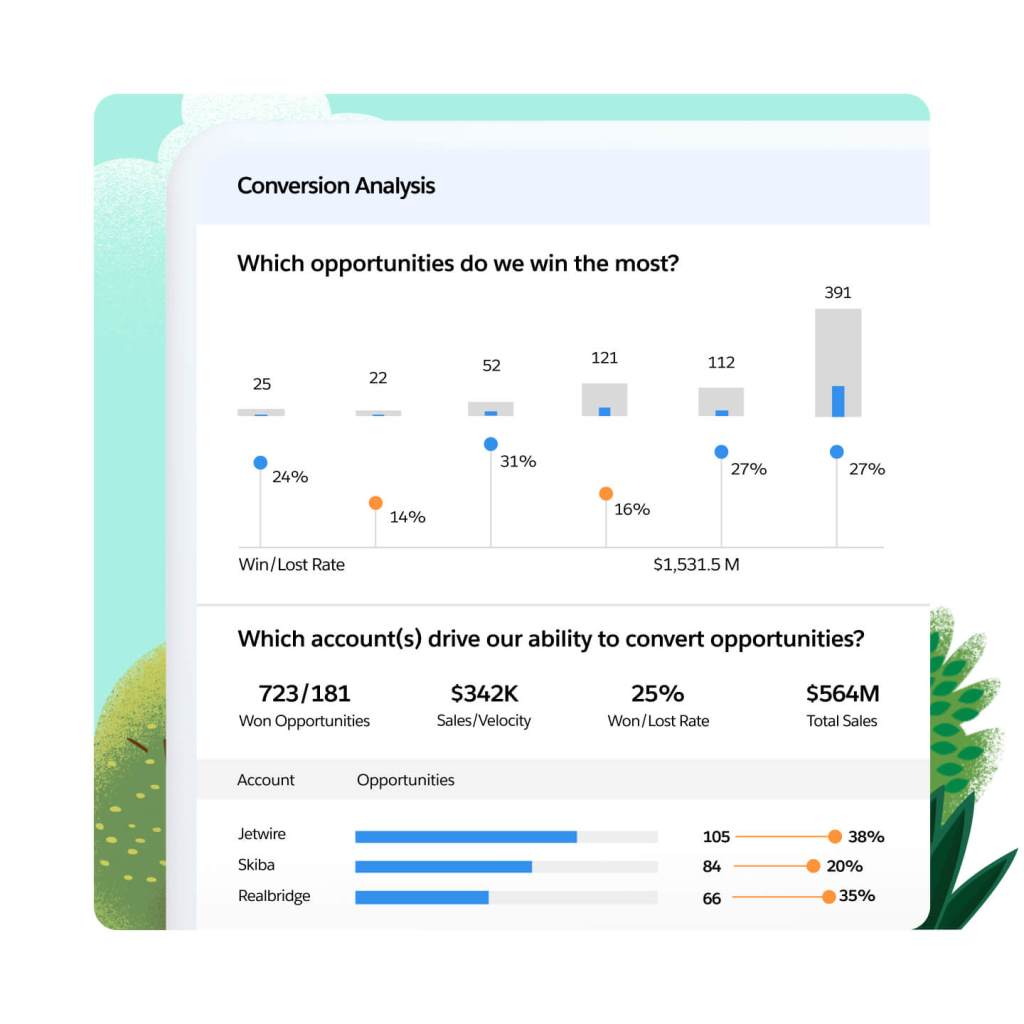A conversion analysis window show common types of opportunity wins and accounts driving convert opportunities. 