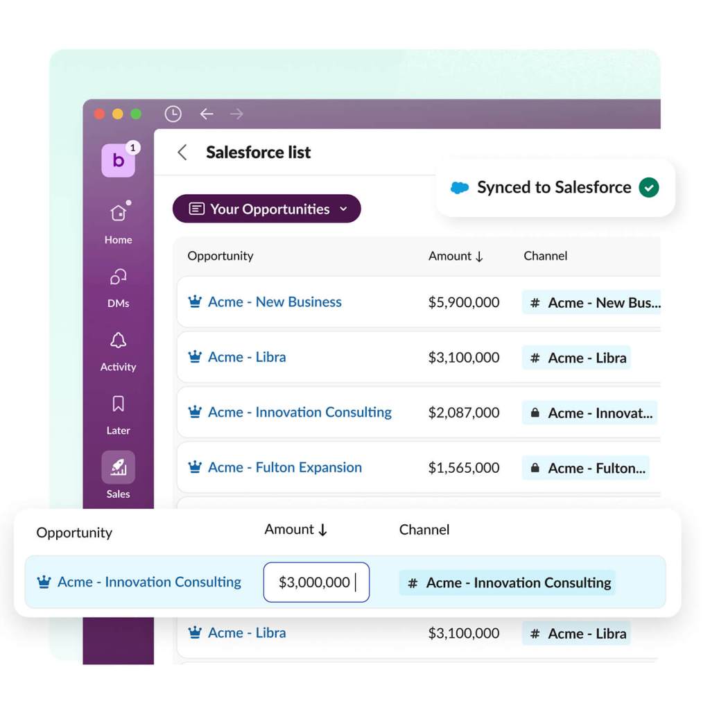 The Slack app displays the sales tab with a rep's opportunities and the ability to sort by amount all synced to Salesforce.