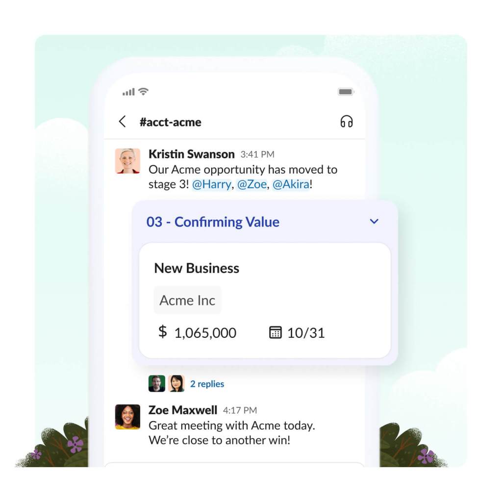 The Slack app is shown in a smart phone with an account channel open with ability to access sales data on the mobile app.