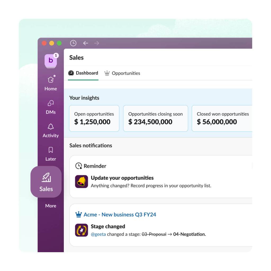 The Slack app shows the sales tab, sales dashboard with opportunity insights and reminders and stage change notifications.