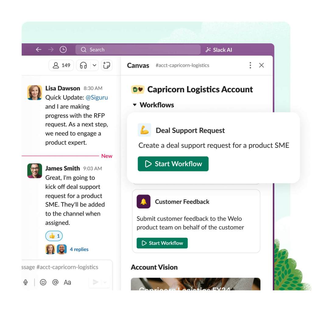 The Slack app displays conversations and an open canvas to start workflows to request deal support and customer feedback.
