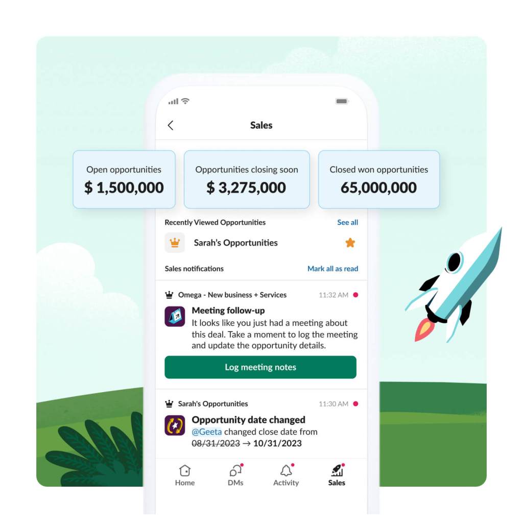 A smart phone with Slack app shows a rep's opportunties that are open, closing soon, and closed won and sales notifications.