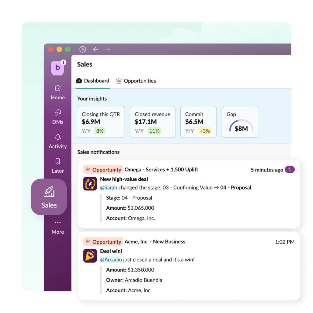 The Slack app with the sales tab highlighted displays insights and notifications fort new high values deal, and deal win.
