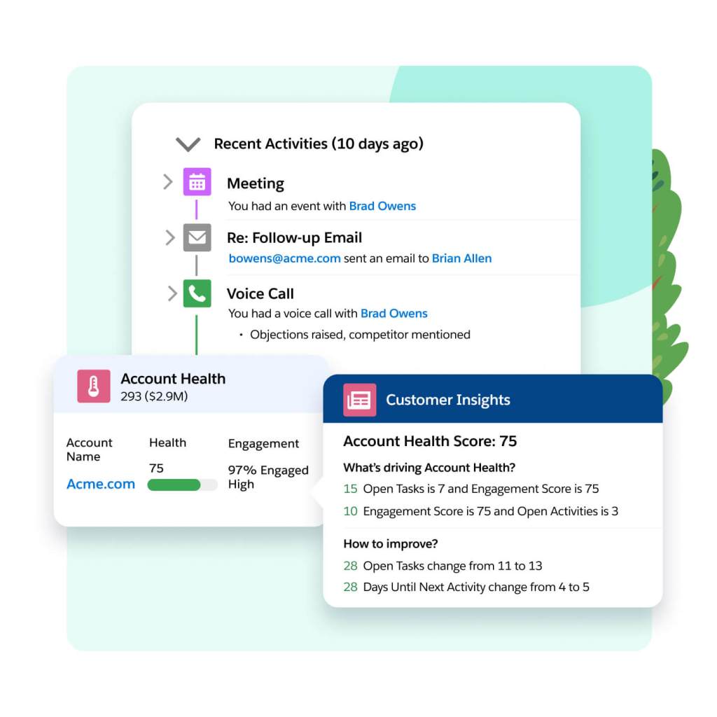 Pop outs show recent deal activity like meetings, follow-ups and voice calls, account health and customer insights.