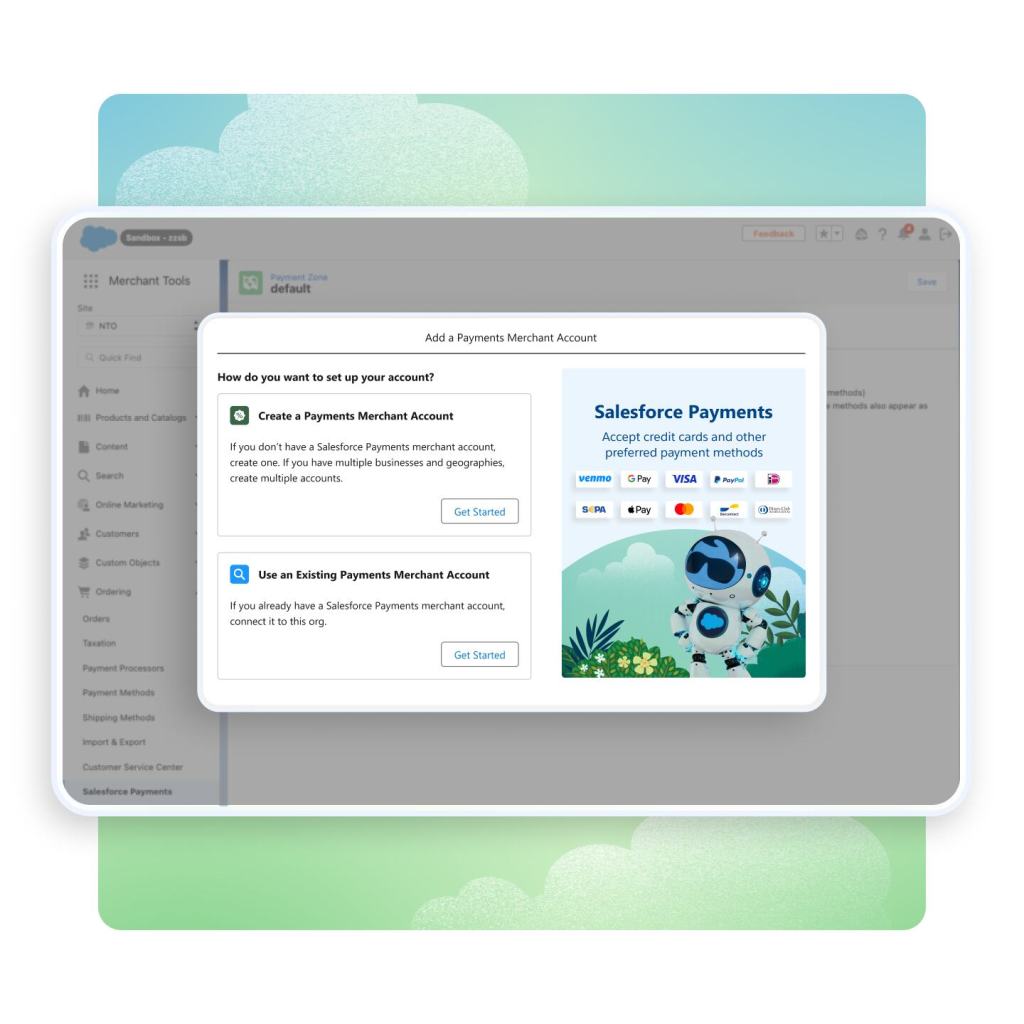 Image of a pop-up window over a Salesforce Merchant Tools dashboard. Pop-up reads: Add a Payments Merchant Account. Create a Payments Merchant Account and Use an Existing Payments Merchant Account are below.