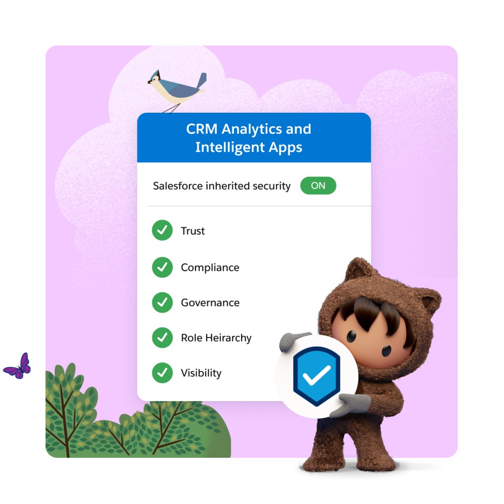 CRM Analytics and Revenue Intelligence Industries with Salesforce inherited security turned on and progression from CRM Analytics data to trust layer to Einstein to CRM Analytics