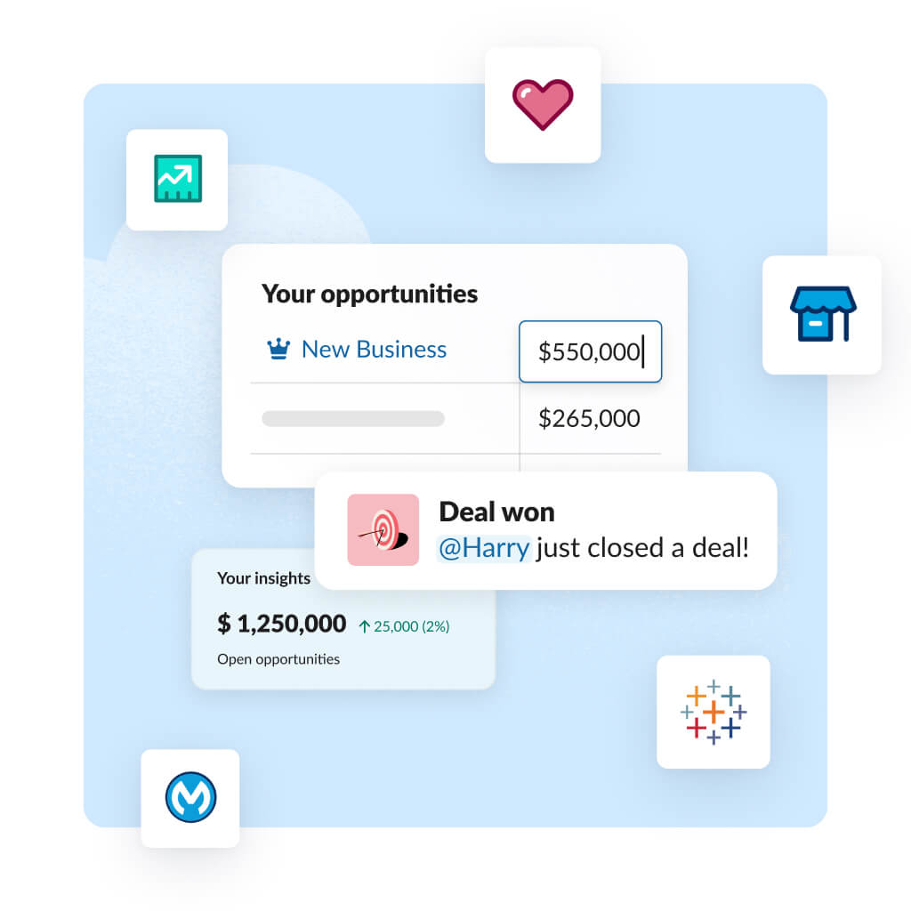 Various Salesforce app logos float around Slack