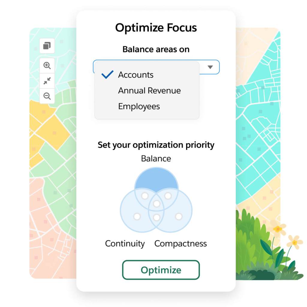 A territory drop-down has options to balance territories on accounts, annual revenue, and employees and prioritize balance.