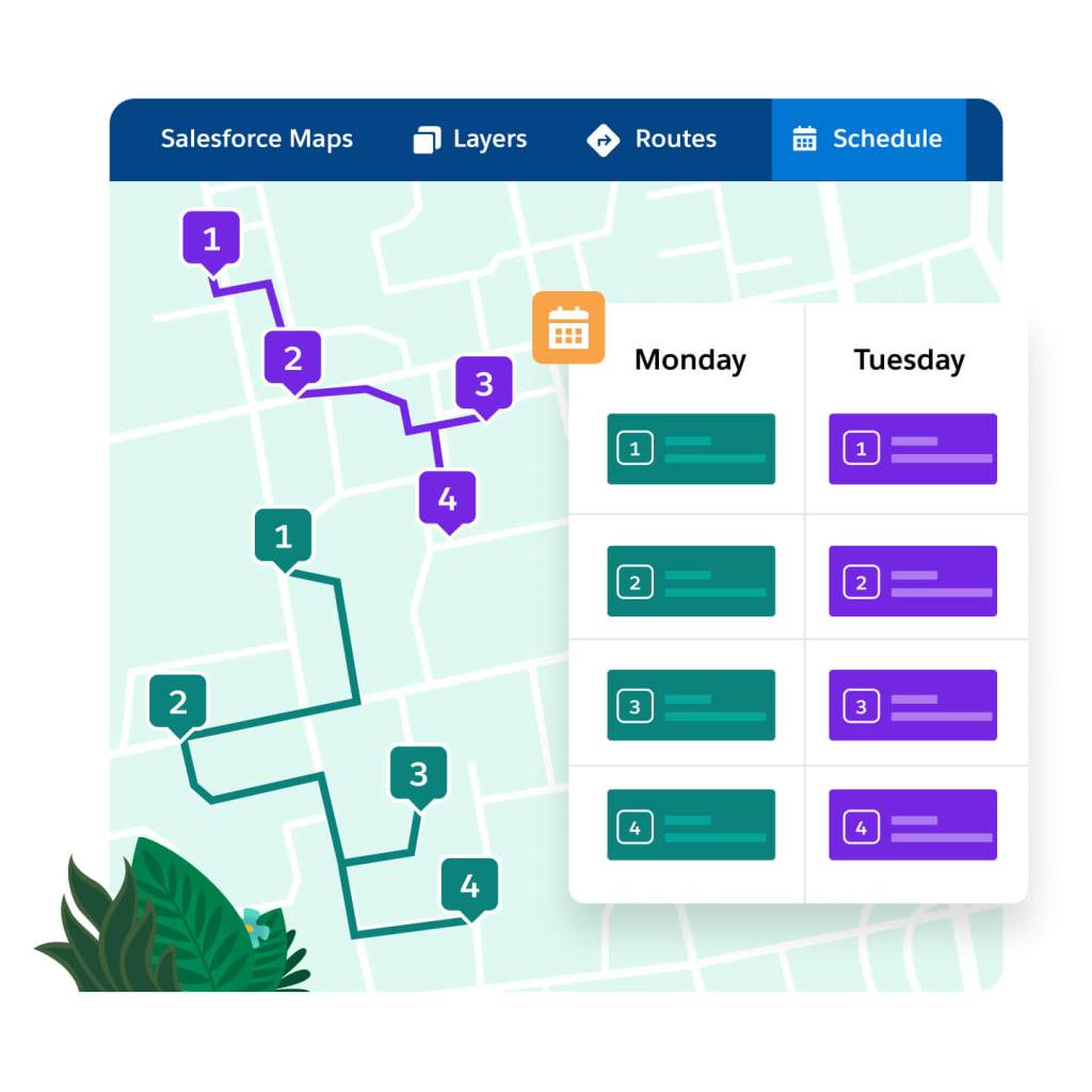 A Salesforce Maps window shows a sales call schedule and optimized routes for each day.