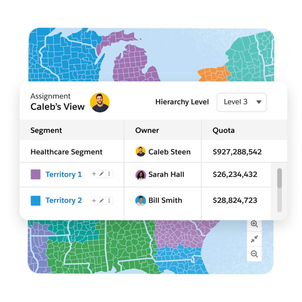 A map shows accounts divided by territories and a window lets you filter the assignments by account.