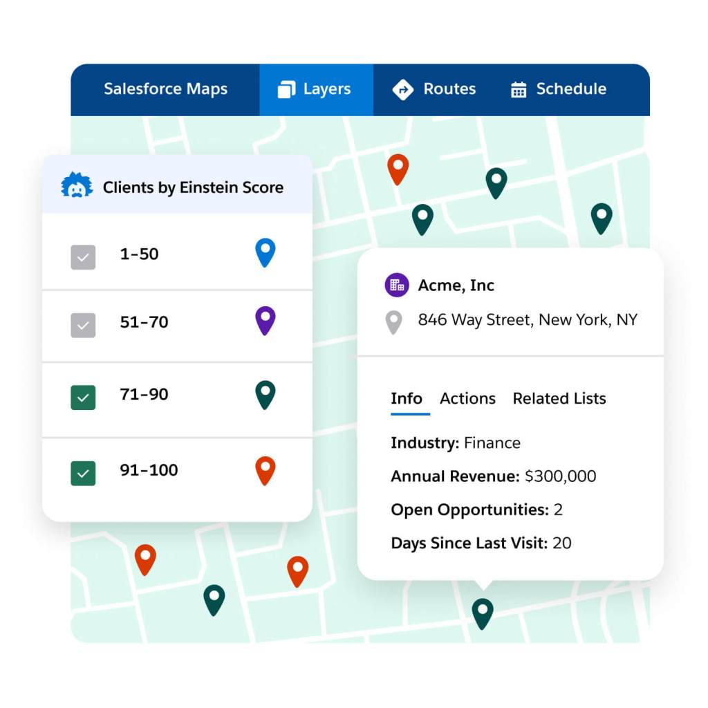 A Salesforce Maps window shows client location marked by client Einstein score with a pop-out for individual company info.