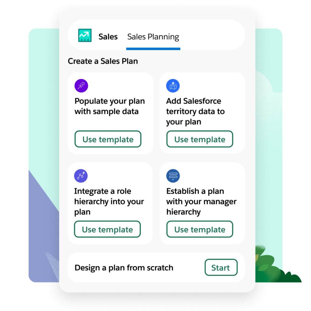 A window shows planning templates for sample data, territory planning, role and manager hierarchy, or start from scratch.