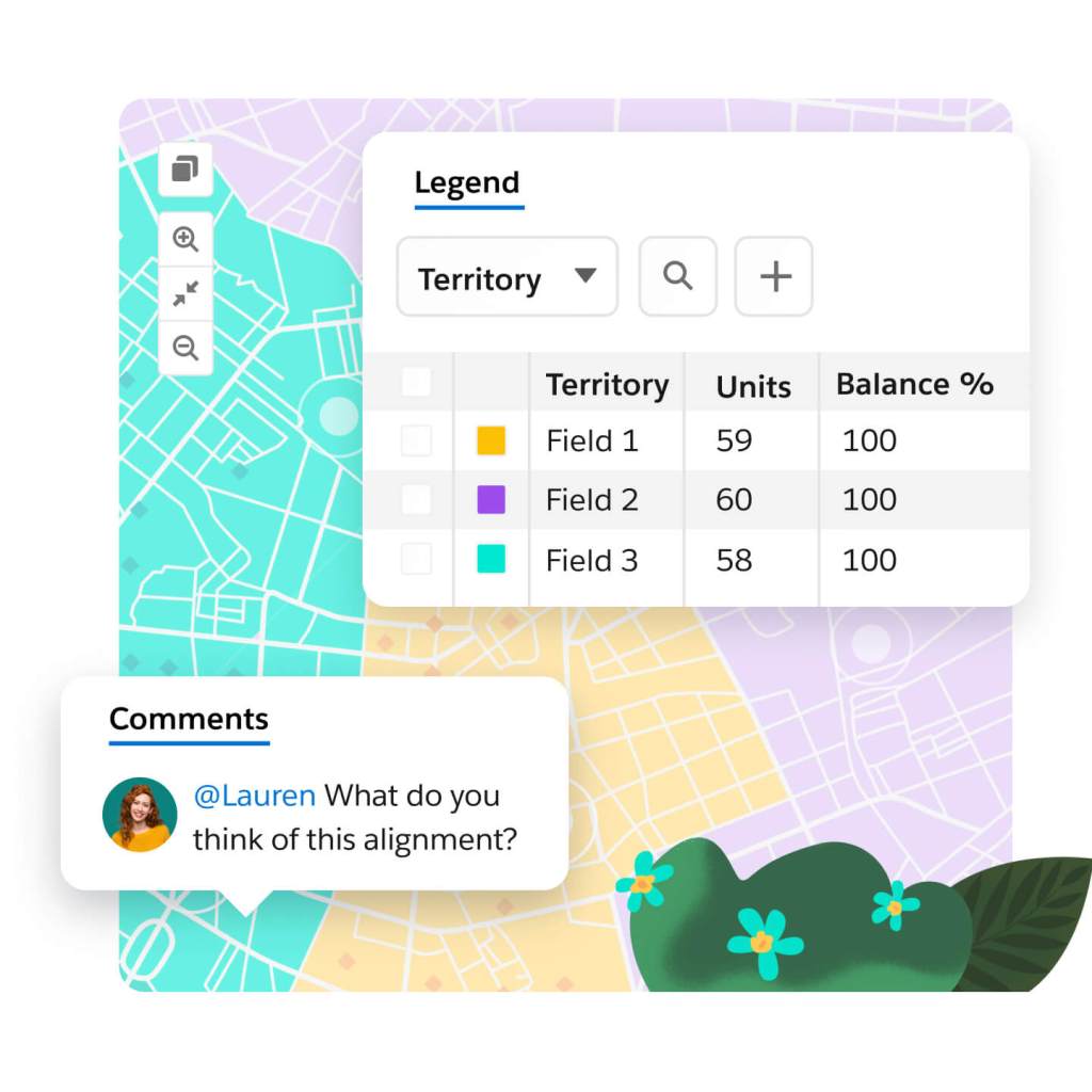 A map legend shows a territories broken down by field, unit, and balance and comment asking for feedback on alignment.