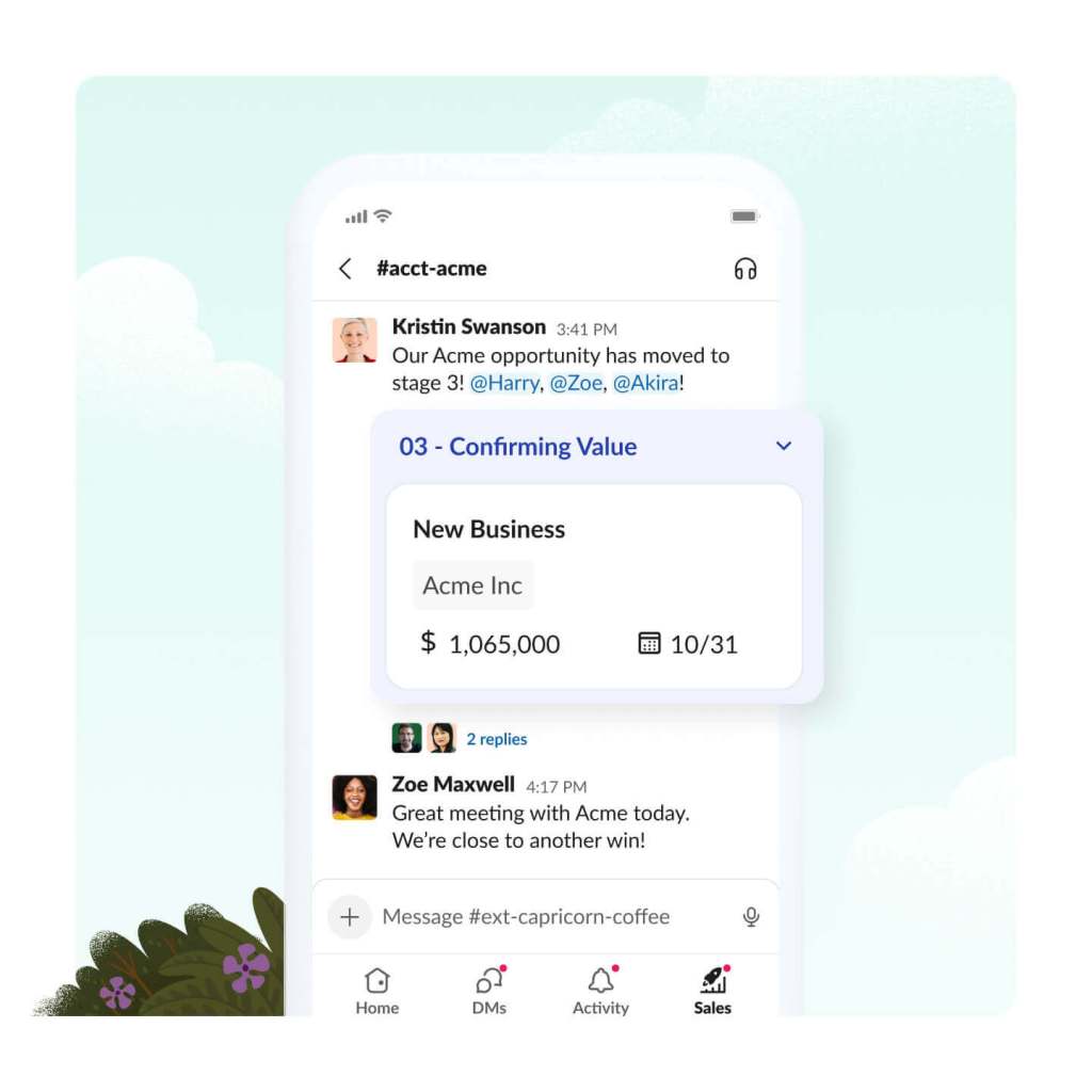 A deal progression is shown on the Slack mobile app.