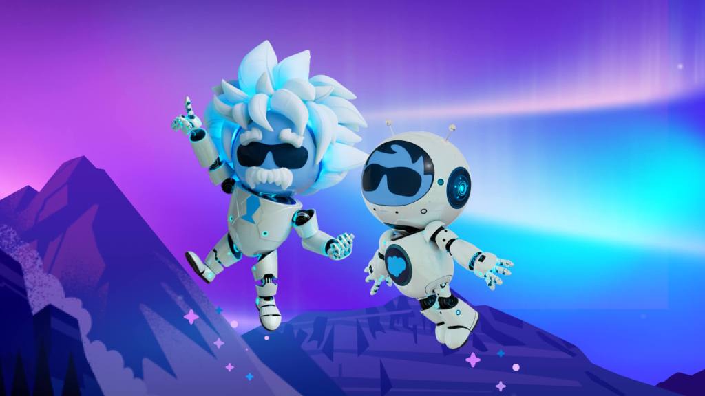 Agentforce mascots Agent Astro and Agent Einstein hover above a mountain range.	
