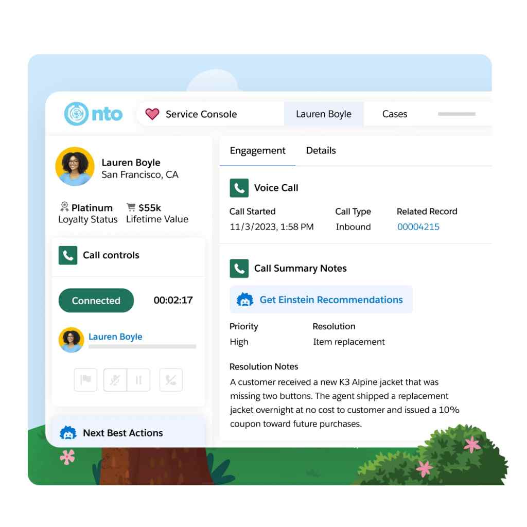 A dashboard showcasing voice call controls, analytics and summary, as well as contact details and service recommendations