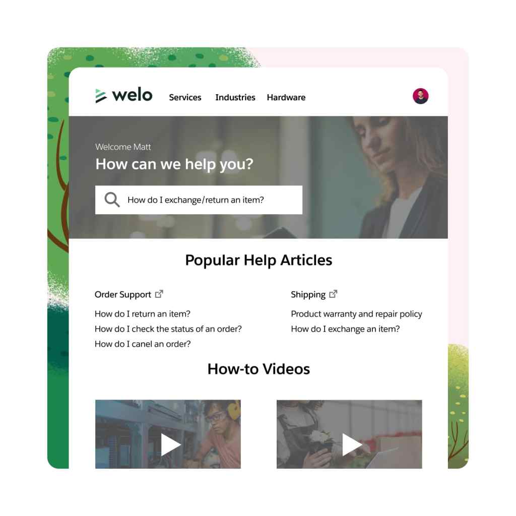 A dashboard dispays a help centre portal with helpful knowledge articles