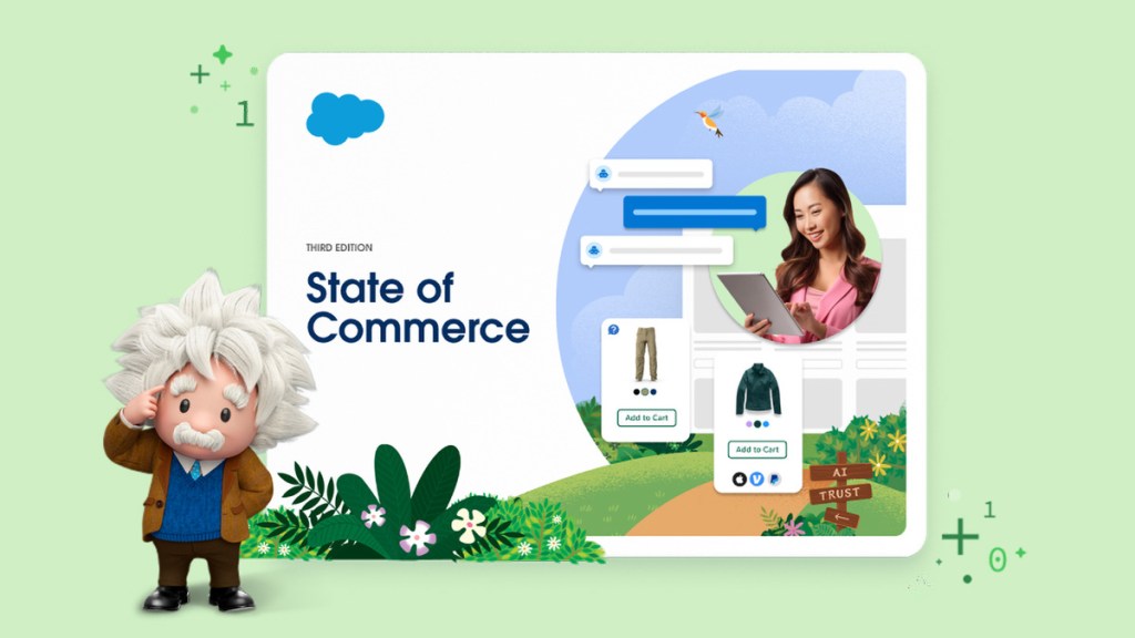 Illustrated cover of the State of Commerce report, contains a person with brown hair holding a tablet device and a stylized customer profile.