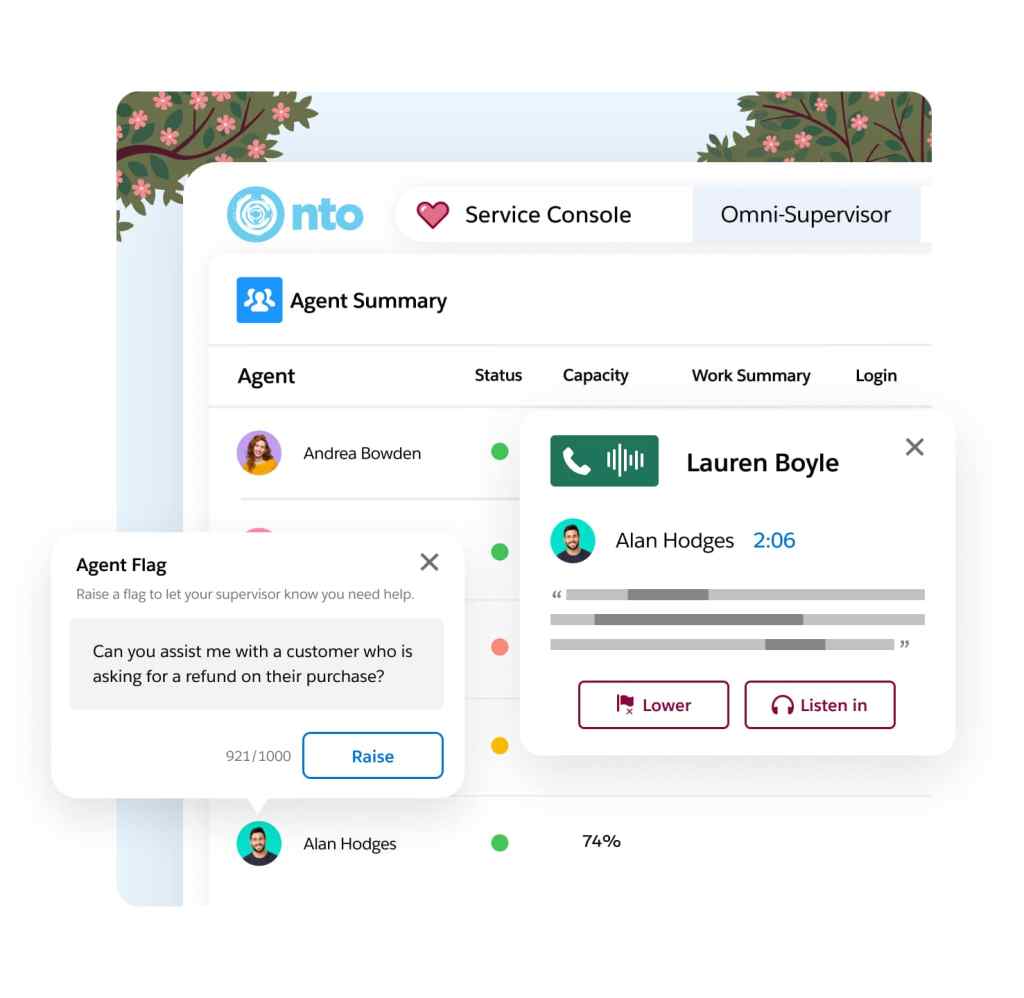 A supervisor's dashboard of their agents and their statuses, as well as a customer chat window