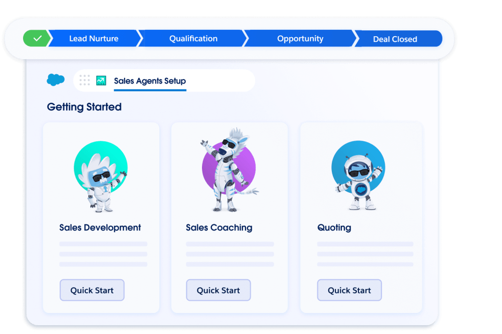 A window gives quick start options to set up a sales development agent, a sales coaching agent and a quoting agent.