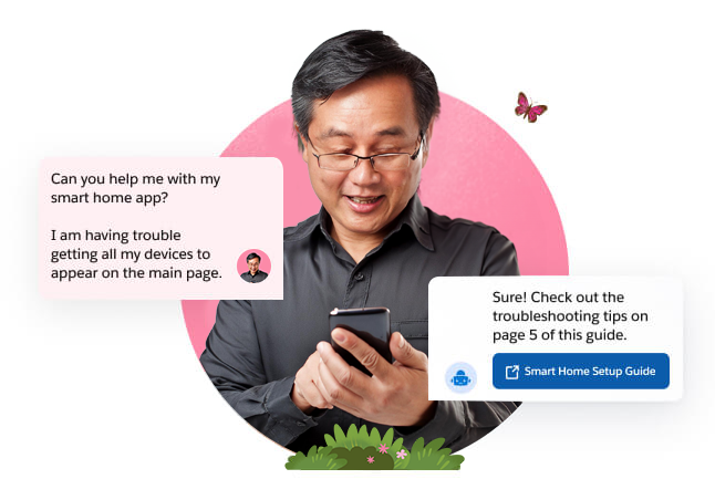 Man using a smart phone to get assistance with his smart home app. Text bubbles featuring the conversation display on either side of the image.