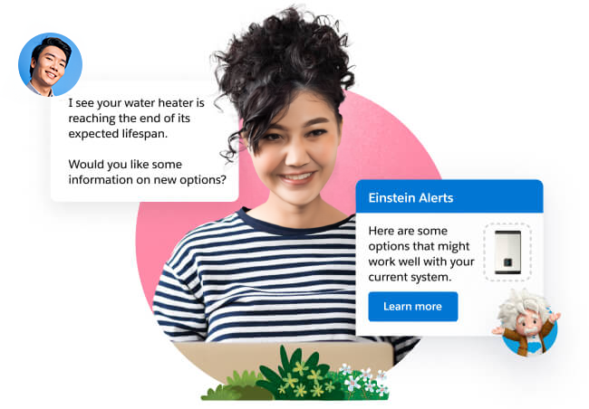 Woman in front of a laptop conversing digitally with a service agent. Service agent photo and conversation features in the upper left. Einstein suggestions feature in the bottom right.