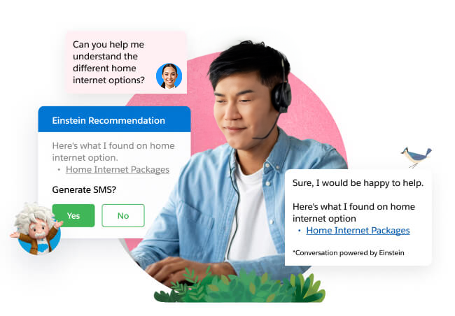 Male service agent wearing a headset messaging via chat with a customer. Customer conversation and Einstein recommendations feature around the main photo.