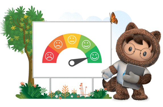 Astro pointing at a whiteboard featuring a customer satisfaction meter with a highest score