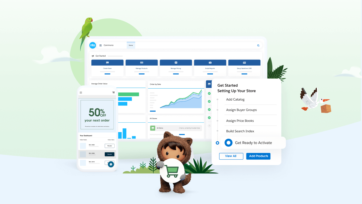 A B2B product UI and customer storefront accessable for the business owner with Astro holding the commerce cloud icon gove the monitor display