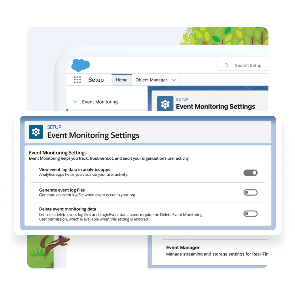 The Event MonitoringSetting set-up window. "View event log data in analytics apps" is selected. A chipmunk and a tree in the background. 