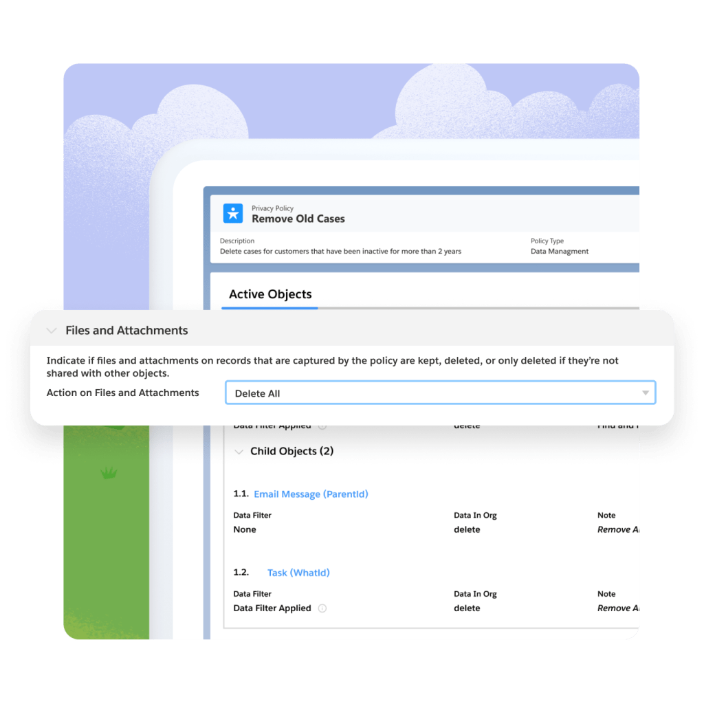 The files and attachments page opened with "delete all" highlighted. An open field in the background.