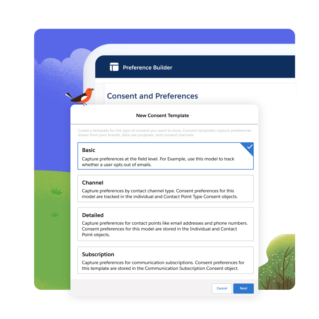 The Consent and Preferences page open with a New Consent Template open. Several trees, a hill and perched bird in the background. 