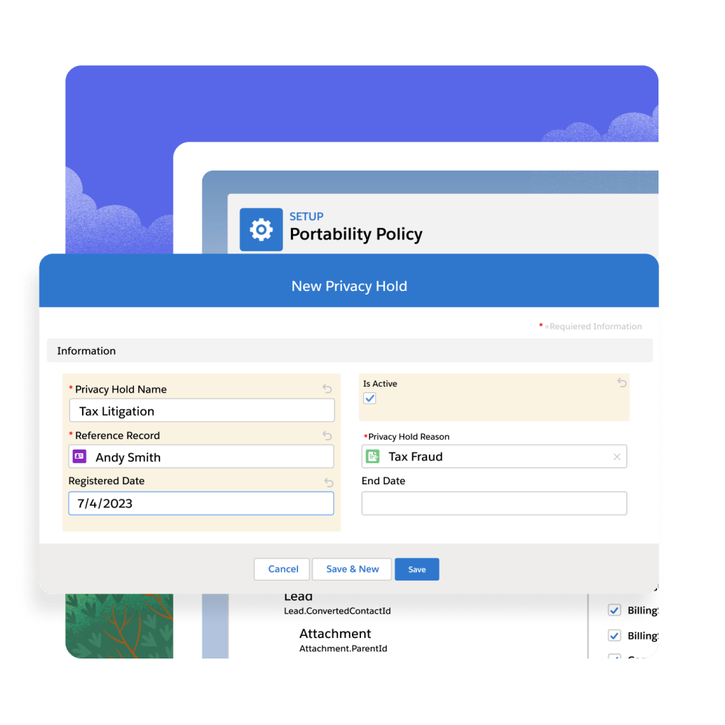The Portability Policy set-up page with a "New Privacy Hold" window open. A bush and blue skies in the background. 