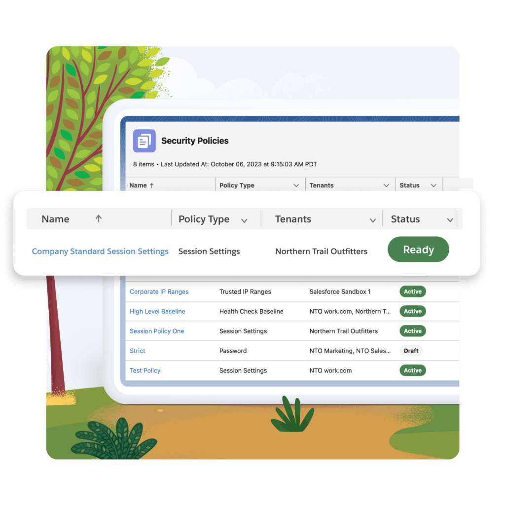 The Security Policies page with "Company Standard Session Setting" highlighted. Trees and bushes in the background.  