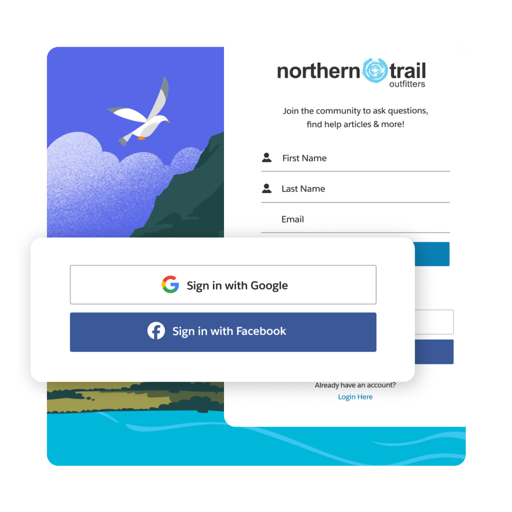 A Northern Trail sign in page with Facebook and Google sign in options highlighted. A coast line with bushes, sand, bluffs and a seagull overhead. 