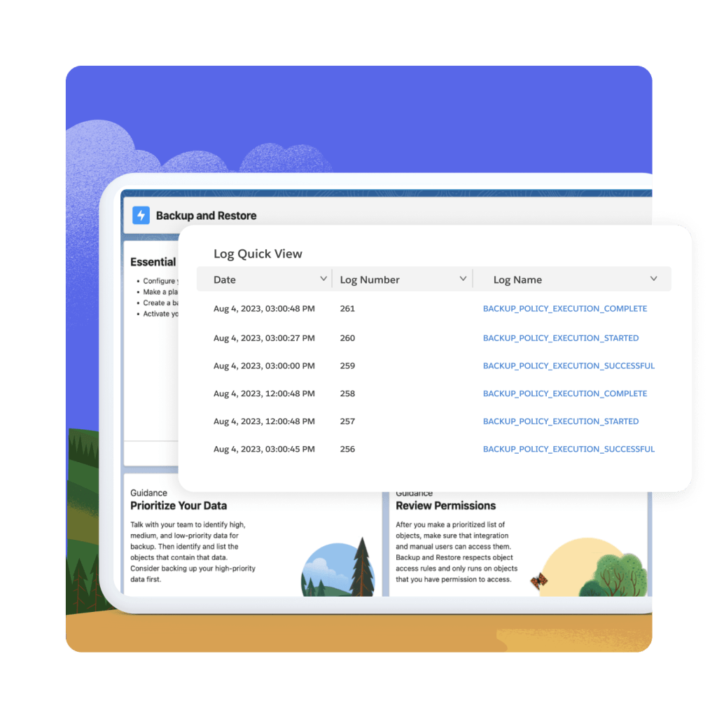 The Backup and Restore page open with a Log Quick View window highlighted. Hills and trees in the background. 
