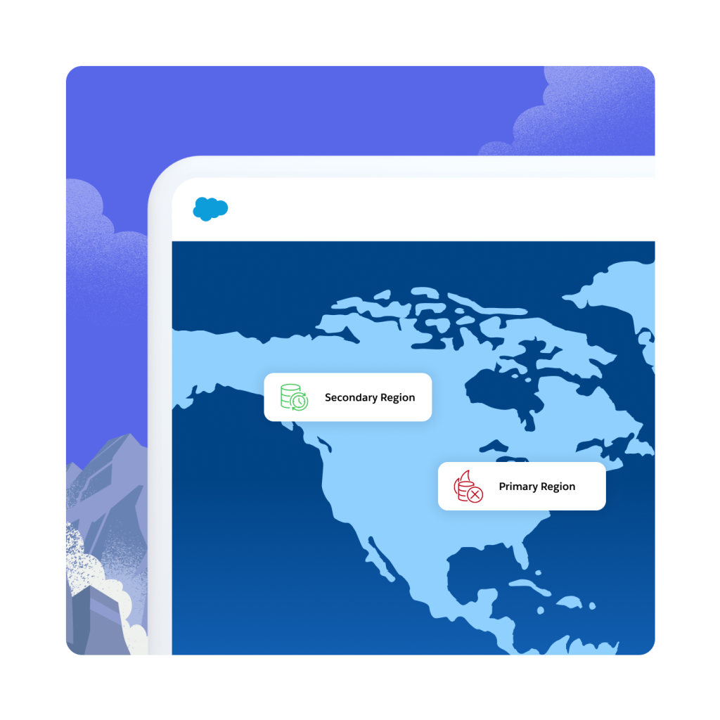 A map of North America showing primary and secondary regions for disaster recovery.