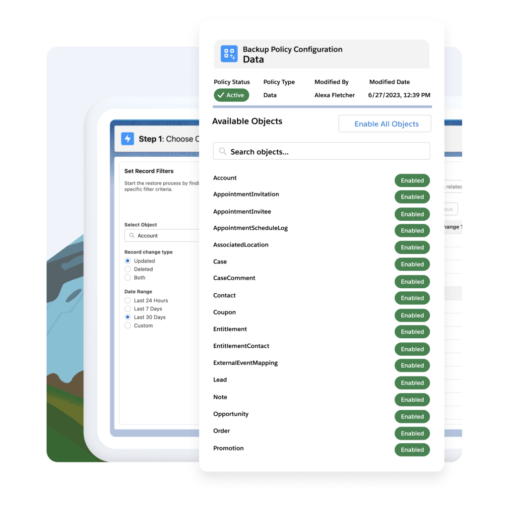 The Backup Policy Configuration window showing all active configurations. Mountains in the background. 