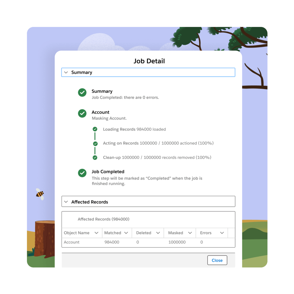 A Job Detail window with the summary tab open. A tree, tree stump and bumblebee in the background. 