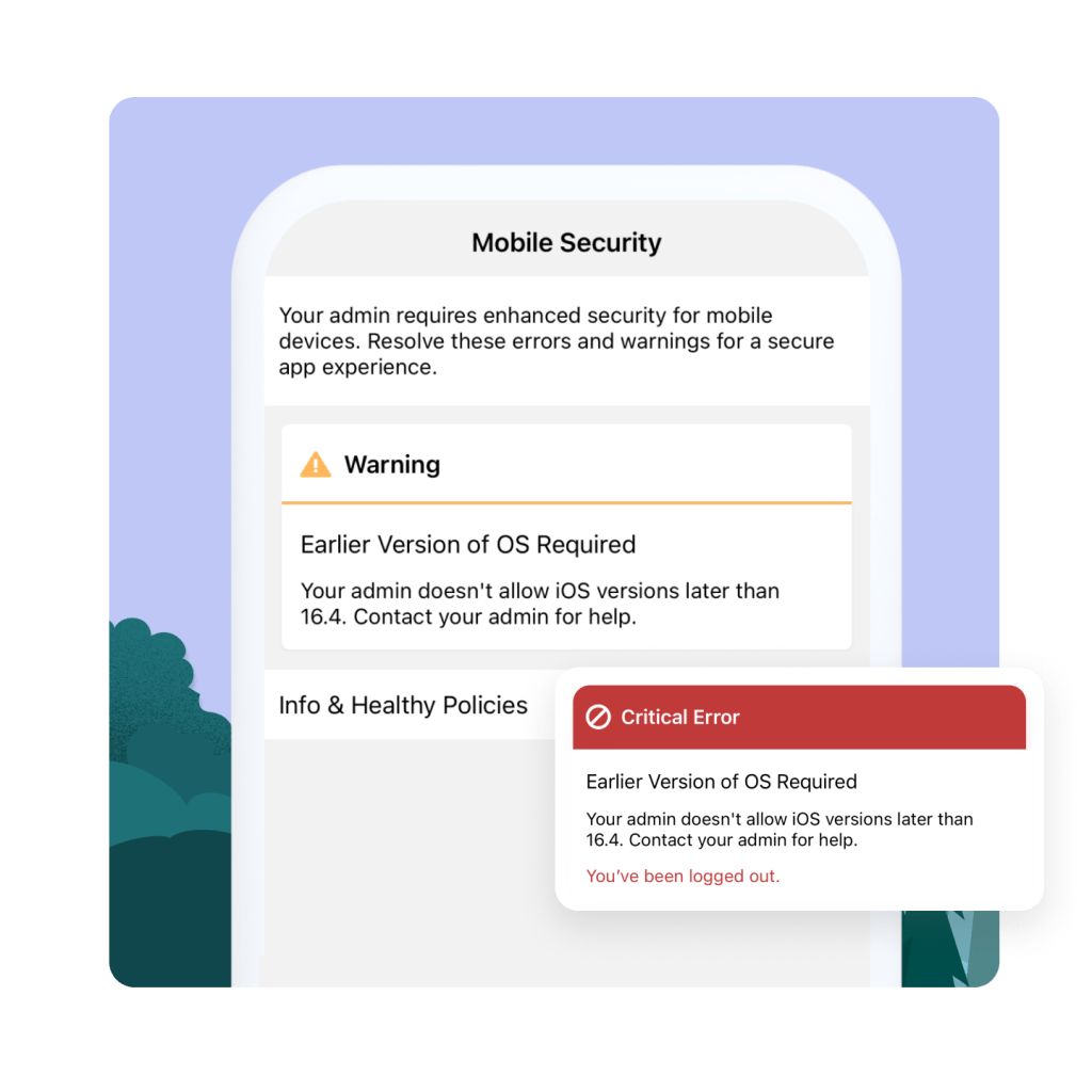 A mobile phone showing the Mobile Security page open. A warning and a critical error are on screen showing that an earlier OS version is required. Treetops in the background.