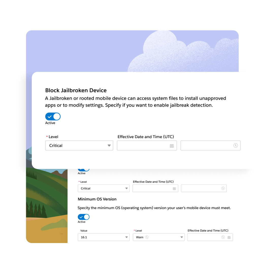 A window showing the "Block Jailbroken Devices" function is active. Hills and trees in the background. 