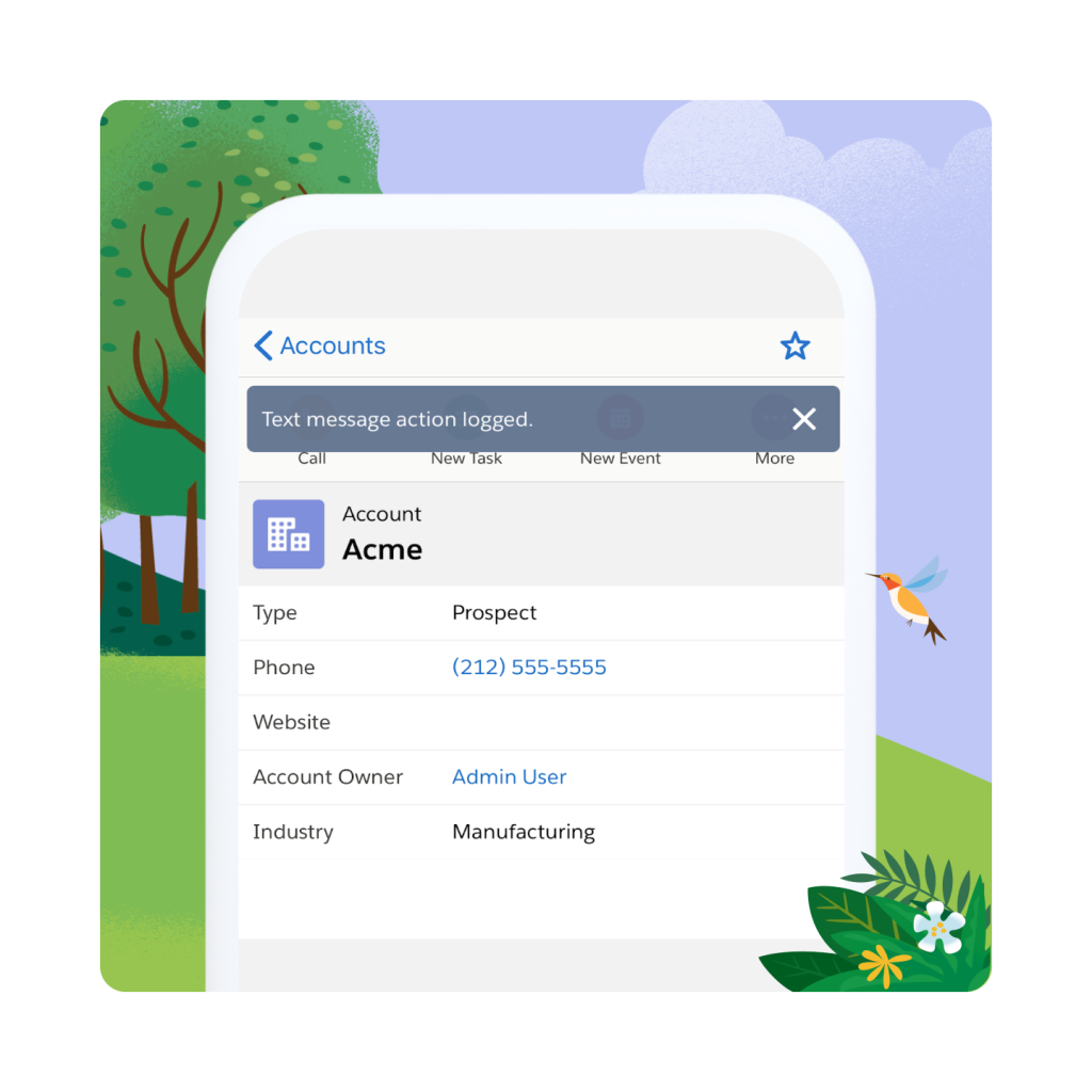 An account ID open on a mobile phone and a "text message action logged" notification on screen. A hummingbird flying by and trees in the background. 