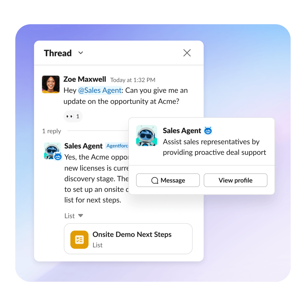 An employee, Zoe Maxwell, messaging an Agentforce sales agent and gets next steps 