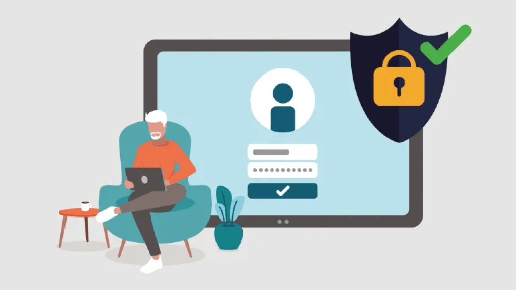 Man on laptop, with the screen shown big behind him with a password protected page being represented