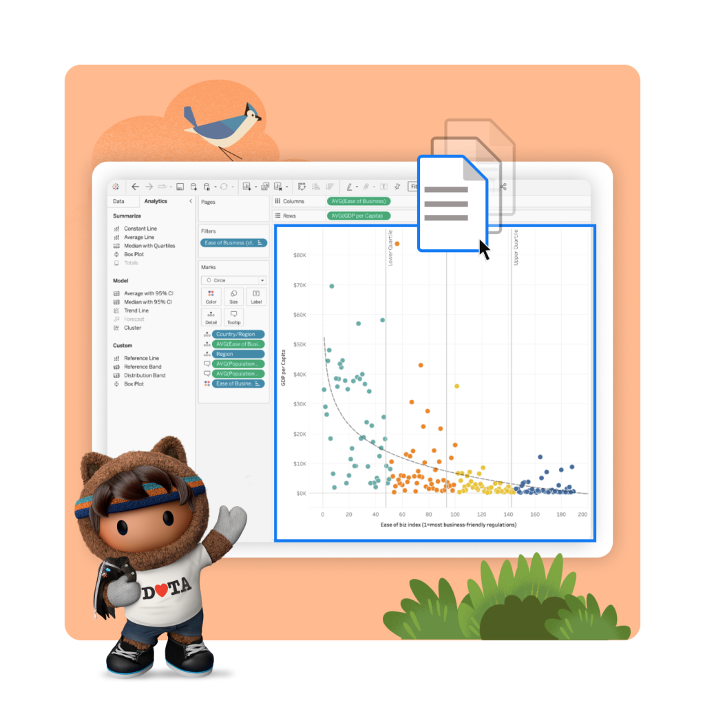 Waving Data Rockstar Astro and Tableau UI with files being dragged into the platform to create data visualisations